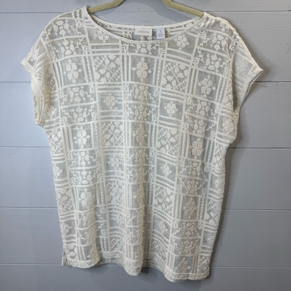Chico's | Cream Lace Sheer Short Sleeve Women's Top Size Chico 1 US Medium